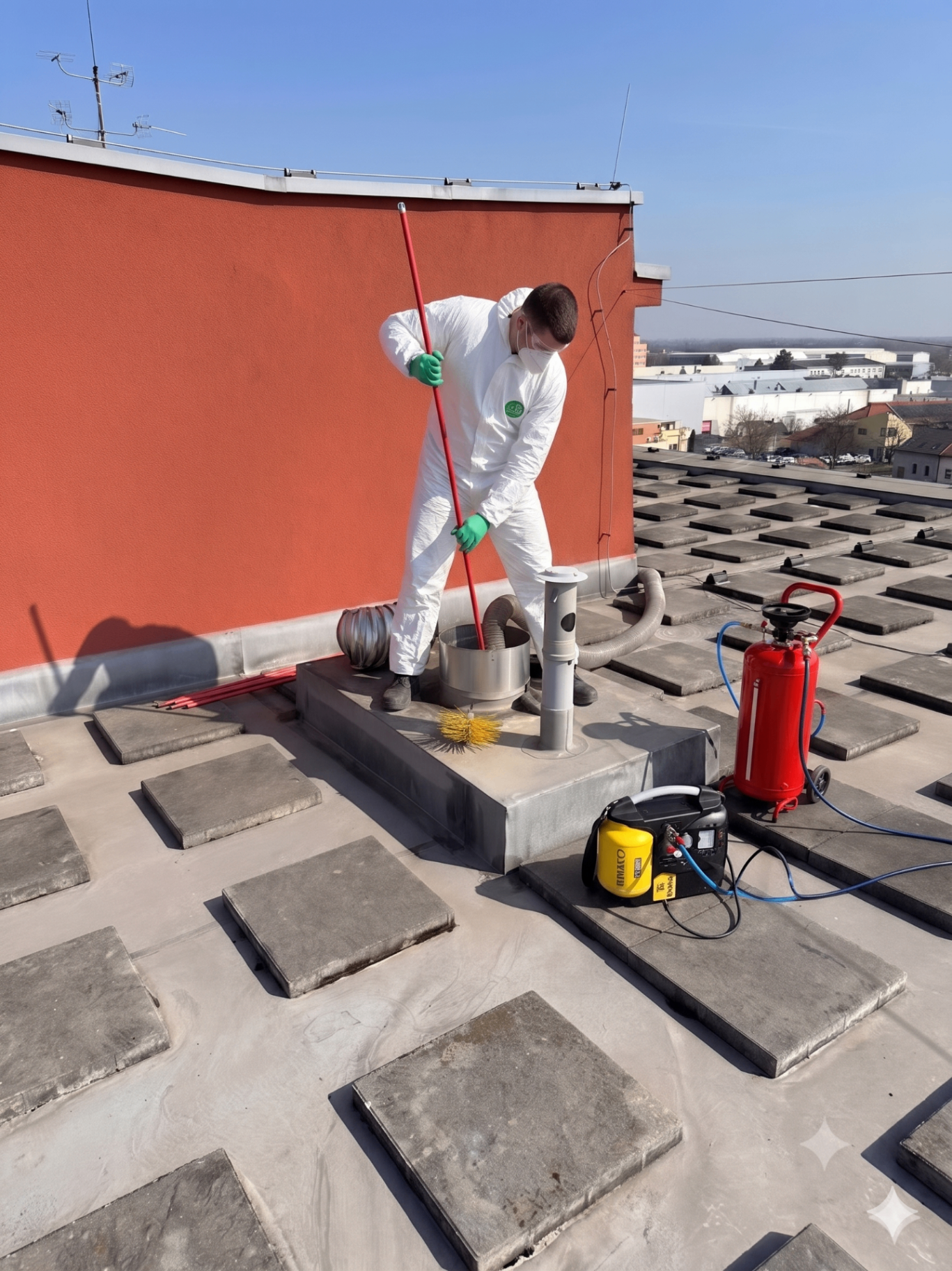 Technik při čištění odvětrávací šachty na střeše panelového domu
